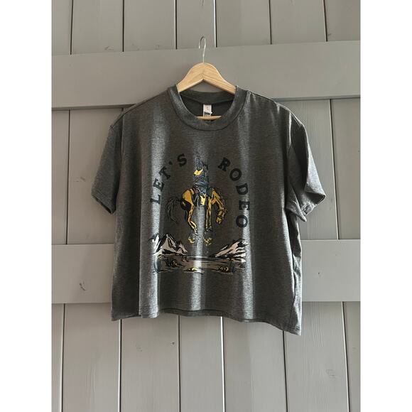 Montana Scene Let's Rodeo Cropped Cotten Tee, Size XL, Western T-Shirt, NEW - Picture 1 of 4